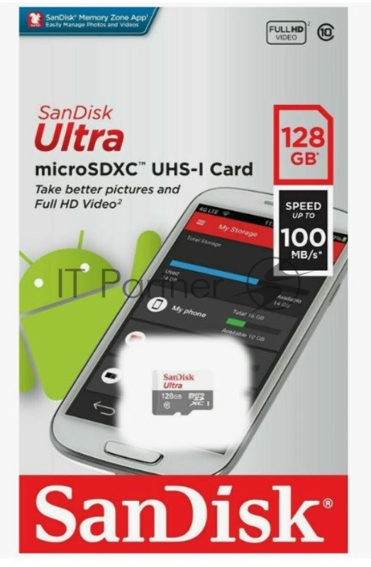 Флеш карта microSDXC 128GB SanDisk Ultra Class 10, UHS-I, R 100 МБ/с, SDSQUNR-128G-GN3MN адаптер на SD
