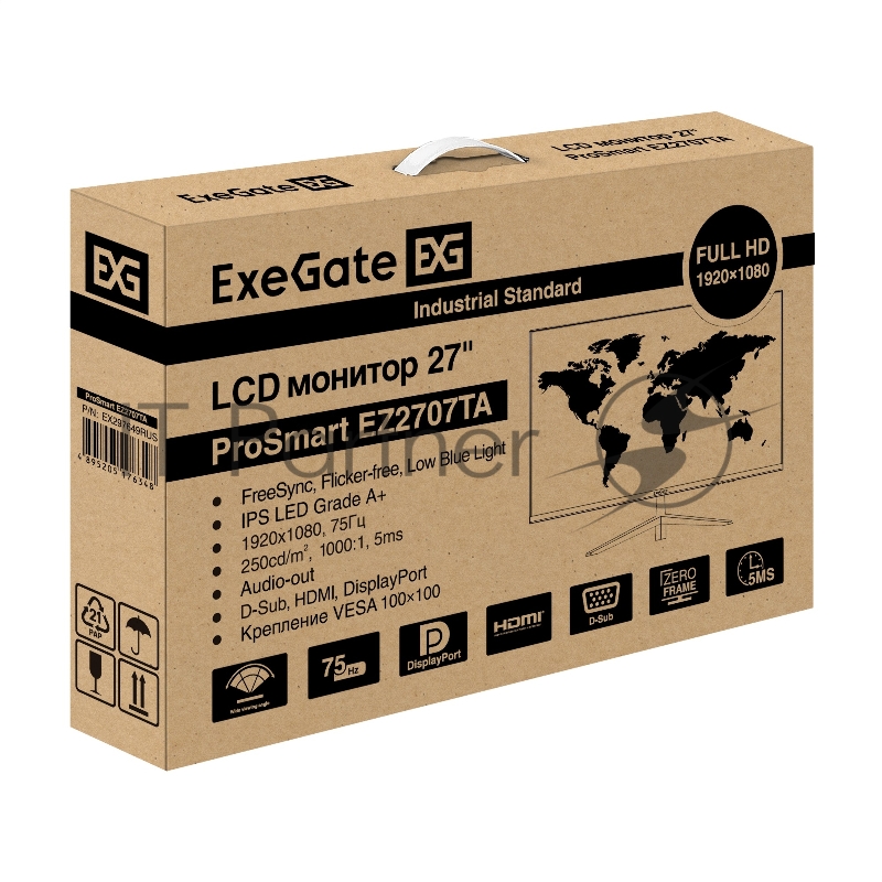 Монитор 27" ExeGate ProSmart EZ2707TA IPS 1920x1080, 75 Гц, 5 мс, 16:9, 250 кд/м², 1xHDMI, 1xDisplayPort, VGA, Flicker Free, Low Blue Light, черный