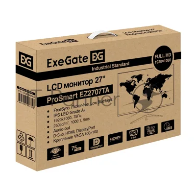 Монитор 27" ExeGate ProSmart EZ2707TA IPS 1920x1080, 75 Гц, 5 мс, 16:9, 250 кд/м², 1xHDMI, 1xDisplayPort, VGA, Flicker Free, Low Blue Light, черный
