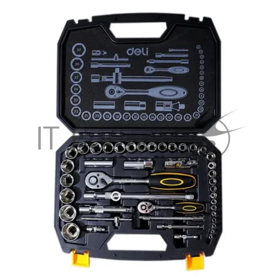 Набор торцевых головок и ключей 44 предмета Deli DL1044 1/2";+1/4";, сталь Cr-V, комплектация: торцевые головки (1/4"; 4-14мм, 1/2"; 8-32мм), 10 удлинительных/соединительных стержней, трещотки 1/4"; и 1/2"; 45 зубьев, пластиковый кейс