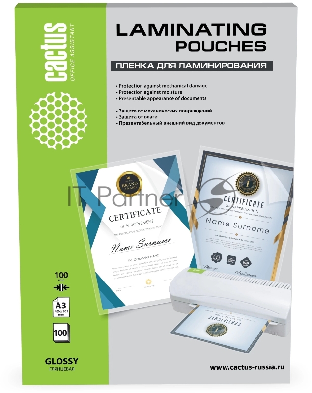 Пленка для ламинирования Cactus 100мкм A3 (100 шт) глянцевая426x303 мм CS-LPGA3100100