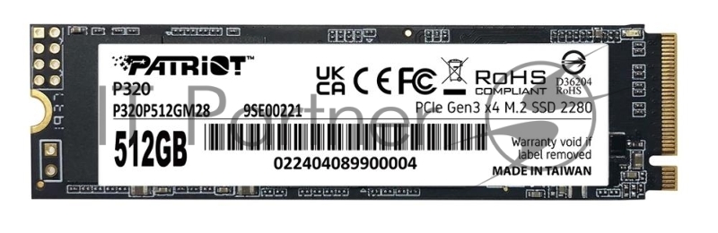 Накопитель SSD Patriot P320, 512Gb, PCIe 3.0 x4, M.2 2280, NVMe, R/W 3000/2200