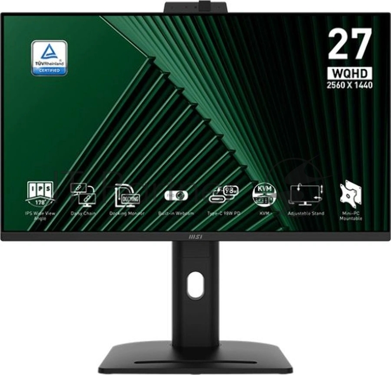 Монитор 27" MSI PRO MP275QPDG IPS 2560x1440, 100 Гц, 4 мс (GtG), 16:9, 250 кд/м², HDMI 2.0b (x2), DisplayPort 1.2a (MST), USB-C (98 Вт), встроенная веб-камера, динамики (2x2 Вт), Flicker Free, Low Blue Light, PIP, CEC, HDR Ready, регулировка по высоте, поворотная подставка, портретный режим, подставка для телефона, черный