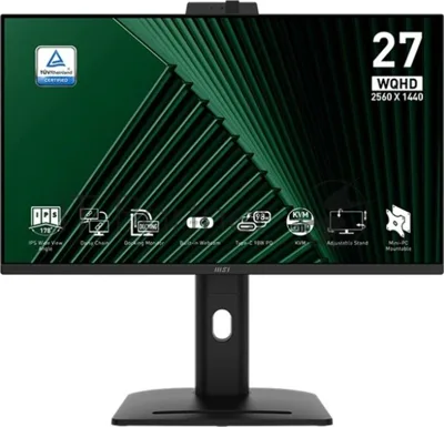 Монитор 27" MSI PRO MP275QPDG IPS 2560x1440, 100 Гц, 4 мс (GtG), 16:9, 250 кд/м², HDMI 2.0b (x2), DisplayPort 1.2a (MST), USB-C (98 Вт), встроенная веб-камера, динамики (2x2 Вт), Flicker Free, Low Blue Light, PIP, CEC, HDR Ready, регулировка по высоте, поворотная подставка, портретный режим, подставка для телефона, черный