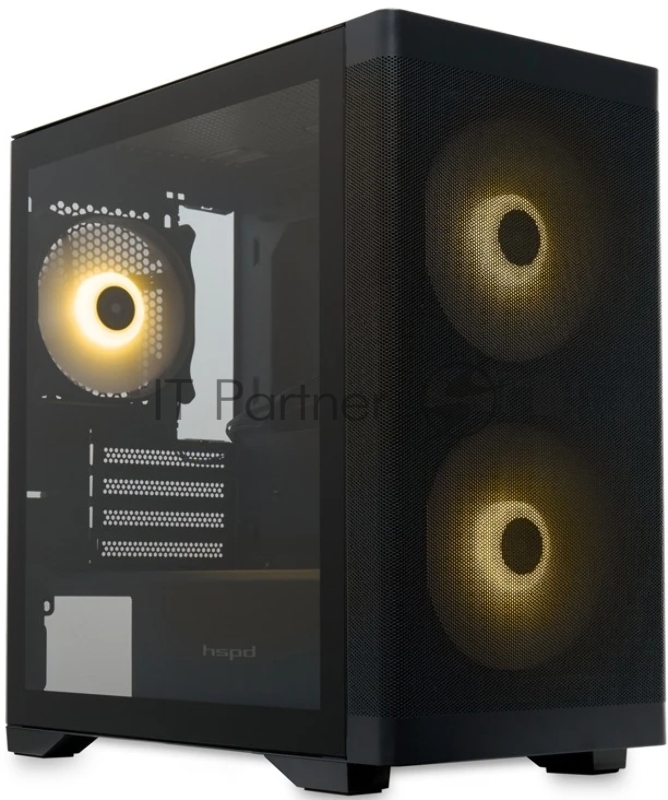 Компьютерный корпус без блока питания HSPD M320, Mesh Mini-tower, черный, slide TG, 0.45 SPCC, 2x140мм ARGb+1x120мм ARGb mATX, mITX 160/340/184мм 2x2.5", 2x3.5", 4xPCI 2xUSB-A 3.0, 1xUSB-A 1.0 390x200x385мм