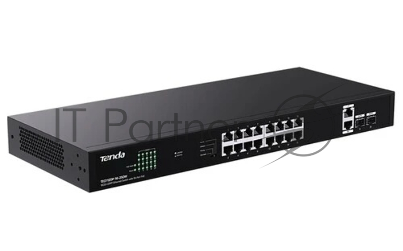 Коммутатор Tenda TEG1120P-16-250W, 16×1 Гбит/с PoE+ + 2×1 Гбит/с Uplink + 2×1 Гбит/с SFP, неуправляемый
