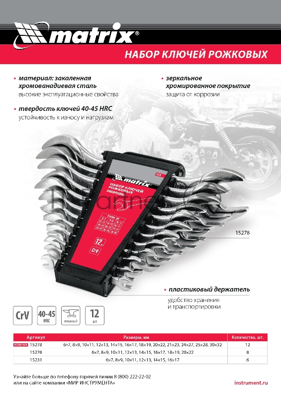 Набор ключей рожковых Matrix, 6 х 32 мм, 12 шт., CrV, хромированные