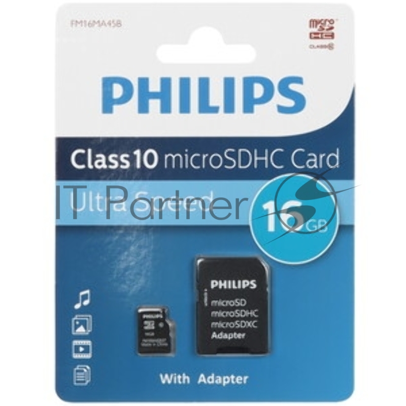 Флеш карта microSD 16Gb PHILIPS High Speed microSDHC Class 10 90Mb/s