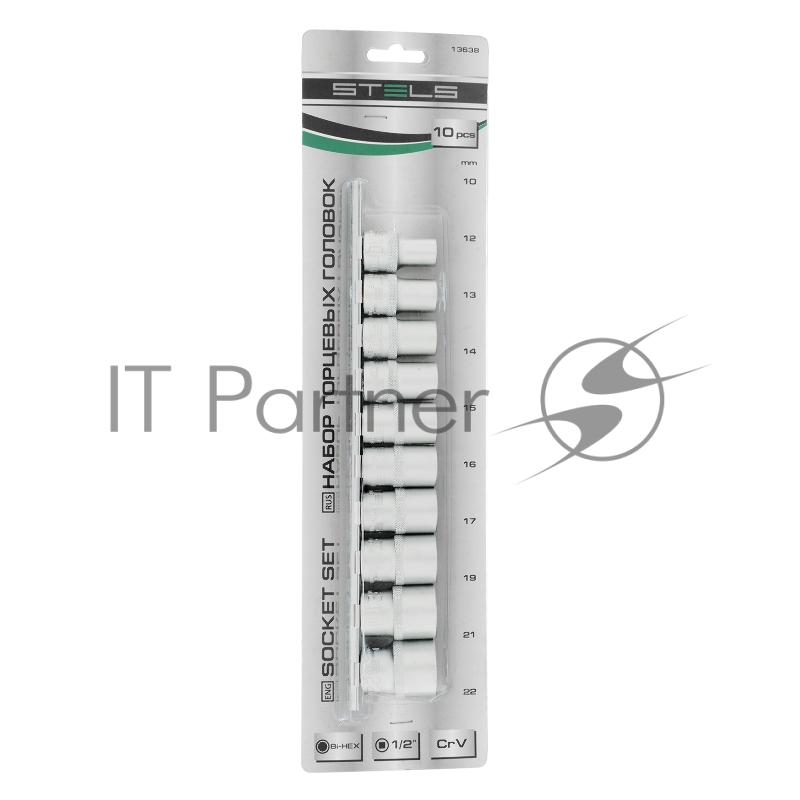 Набор торцевых головок, 1/2", 12-ти гр., CrV, 10 шт., 10-22мм Stels