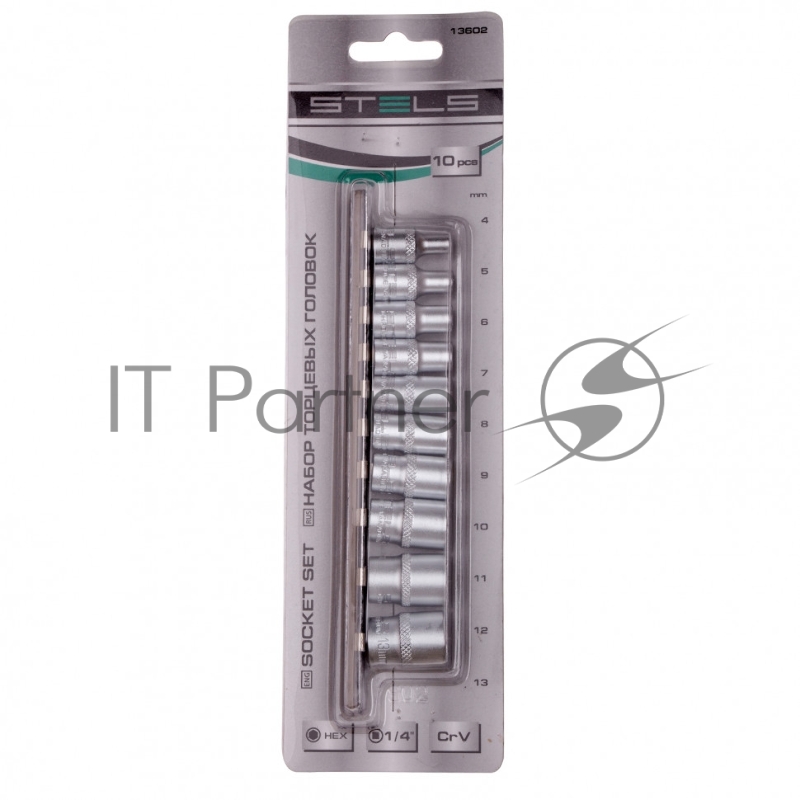 Набор торцевых головок Stels 1/4", 6-ти гр., CrV, 10 шт., 4-13 мм