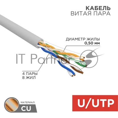 Кабель витая пара Rexant U/UTP, cat.5e, PVC нг(А)-LS, 4х2х0,52мм, 4PR, 24AWG, INDOOR, SOLID, серый, 305м