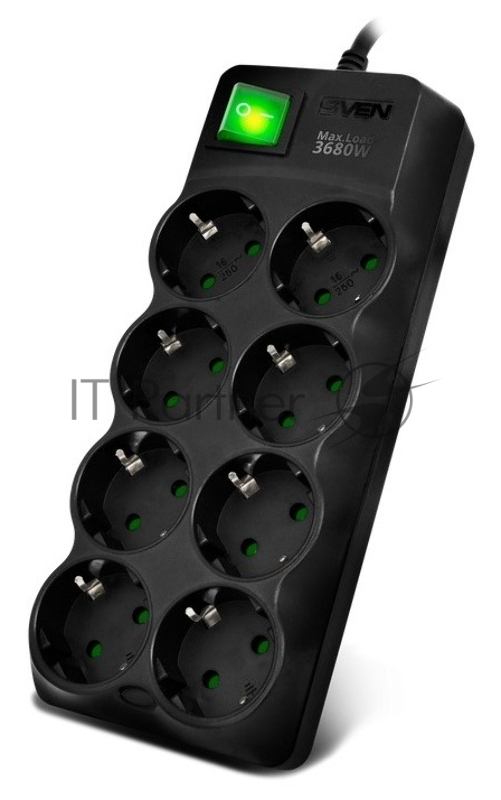 Сетевой фильтр SVEN SF-08E-16 5,0 м (8 розеток с защитными шторками,16А) черный, цветная коробка SV-021726