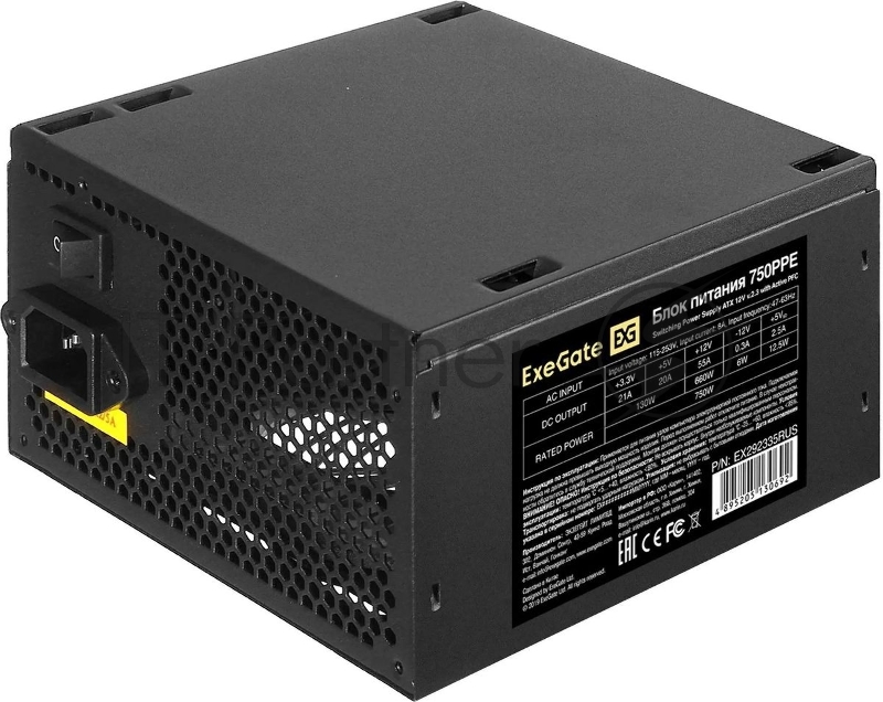 Блок питания ExeGate 750PPE, 750W, (ATX, APFC, PC, КПД 80% (80 PLUS), 12cm fan, 24pin, 2x(4+4)pin, 4xPCI-E, 6xSATA, 3xIDE, черный, кабель 220V в комплекте 1,8м)