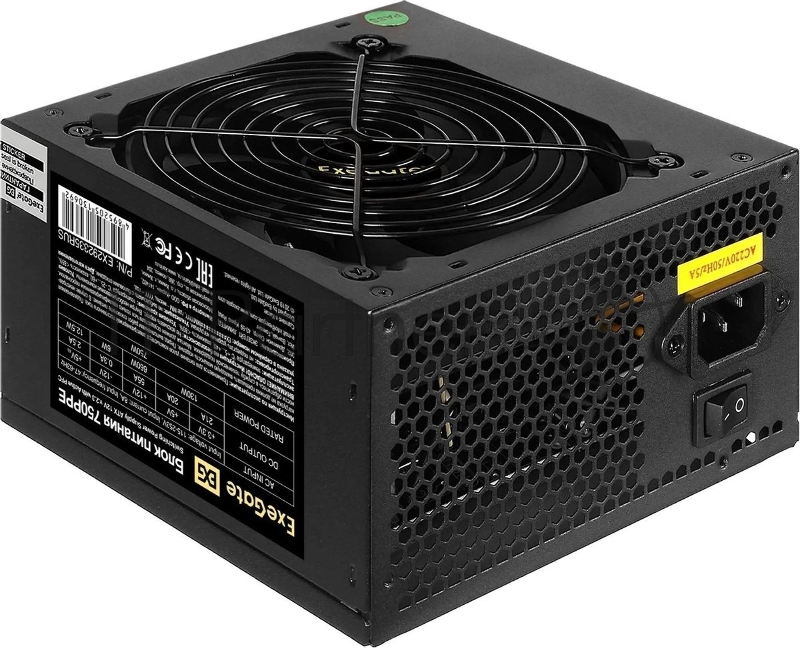 Блок питания ExeGate 750PPE, 750W, (ATX, APFC, SC, КПД 80% (80 PLUS), 12cm fan, 24pin, 2x(4+4)pin, 4xPCI-E, 6xSATA, 3xIDE, черный, кабель 220V 1,8м с защитой от выдергивания)