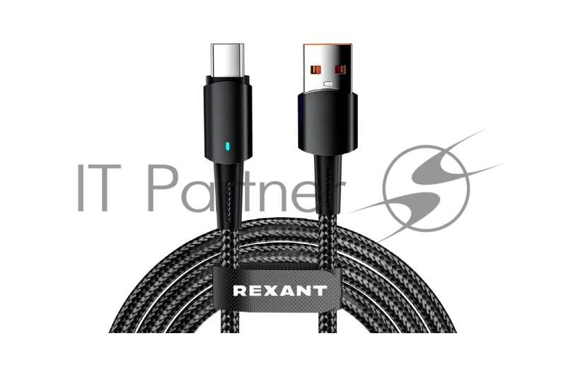 Кабель Rexant 18-7064 USB-A – Type-C, 6А, 66Вт, 1м, в черной нейлоновой оплетке, со световой индикацией