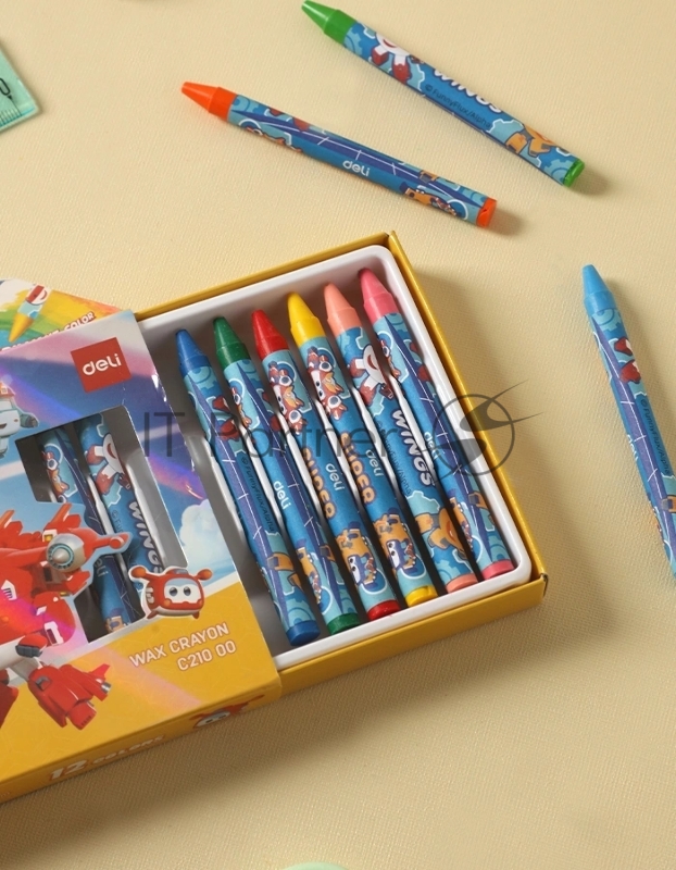 Восковые мелки Deli EC21000 Super Wings 12 цветов, картонная коробка с европодвесом