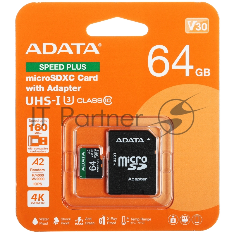 Флеш карта microSD A-DATA 64Gb microSDXC Class 10 UHS-I U3 V30 A2 160/140 MB/s (SD адаптер)