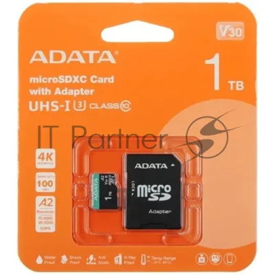 Флеш карта ADATA AUSDX1TUI3V30SA2-RA1, 1Tb microSDXC Class 10 UHS-I U3 V30S A2 100/80 MB/s (SD адаптер)