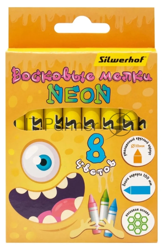 Восковые мелки Silwerhof Neon Монстрики 8 цветов, длина 100мм, диаметр 10мм, картонная коробка