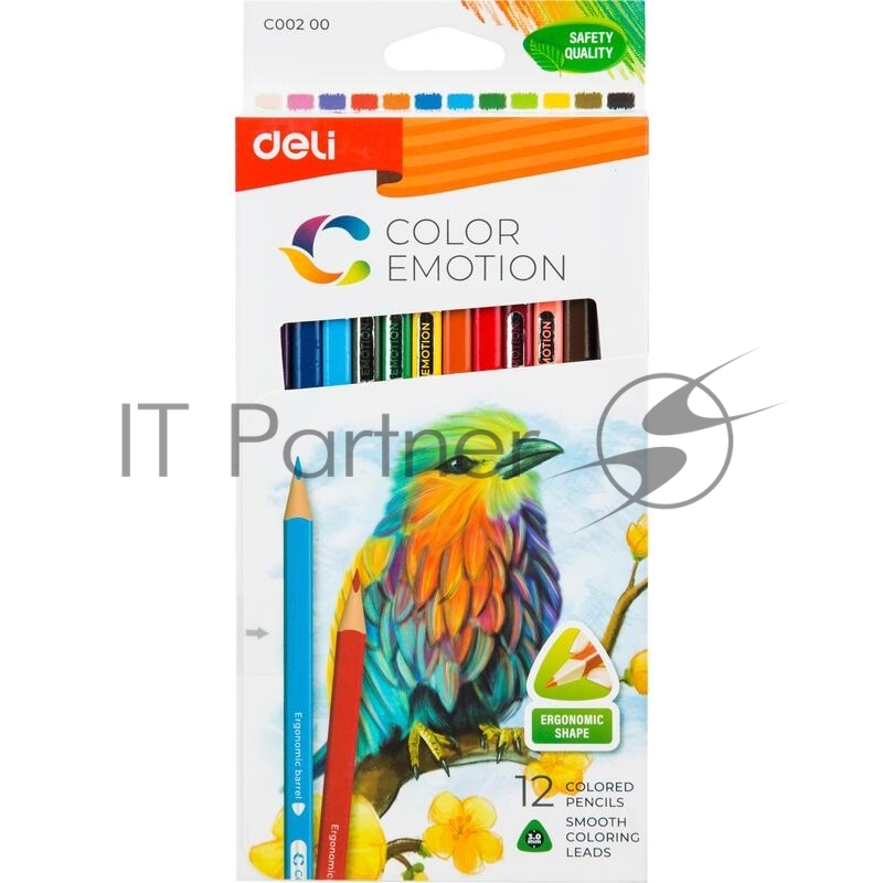 Карандаши цветные Deli EC00200 Color Emotion, трехгранный профиль, липа, 12 цветов, коробка с европодвесом (12шт)