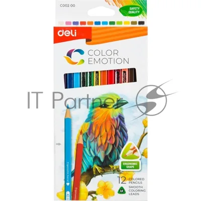Карандаши цветные Deli EC00200 Color Emotion, трехгранный профиль, липа, 12 цветов, коробка с европодвесом (12шт)