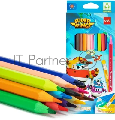 Карандаши цветные Deli EC126-12 Super Wings, шестигранный профиль, пластик коробка с европодвесом (12шт)