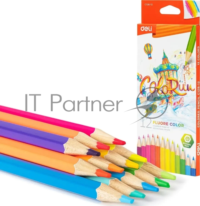 Карандаши цветные Deli EC128-12 ColoRun, шестигранный профиль, дерево 12 цветов, коробка с европодвесом (12шт)