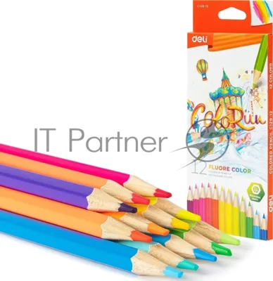 Карандаши цветные Deli EC128-12 ColoRun, шестигранный профиль, дерево 12 цветов, коробка с европодвесом (12шт)