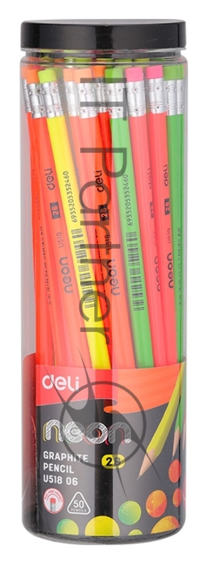Карандаш чернографитный Deli EU51806 Neon 2B, трехгранный, ассорти туба пластиковая (50шт) ластик