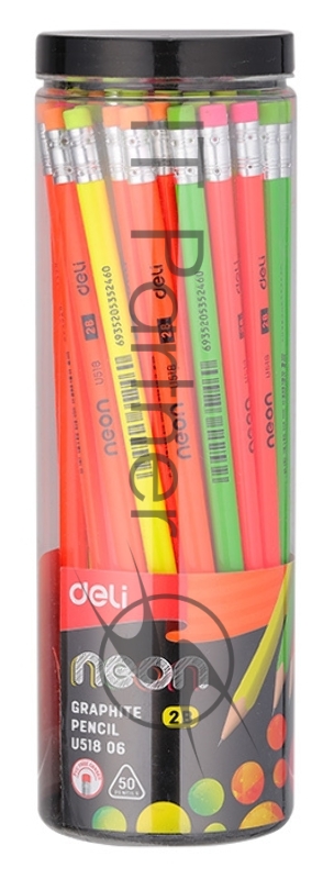 Набор карандашей чернографитных Deli EU51806 Neon 2B, трехгранный, тополь, туба пластиковая (50шт)