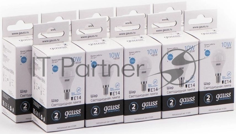 Лампа светодиодная Gauss Elementary 10Вт цок.: E14 шар 220B 4100K св. свеч. белый нейт. (упак.: 10 шт)