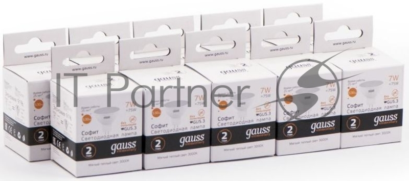 Лампа светодиодная Gauss Elementary MR16 7Вт цок.: GU5.3 спот 220B 3000K св. свеч. бел. теп. MR16 (упак.: 10 шт) (13517)