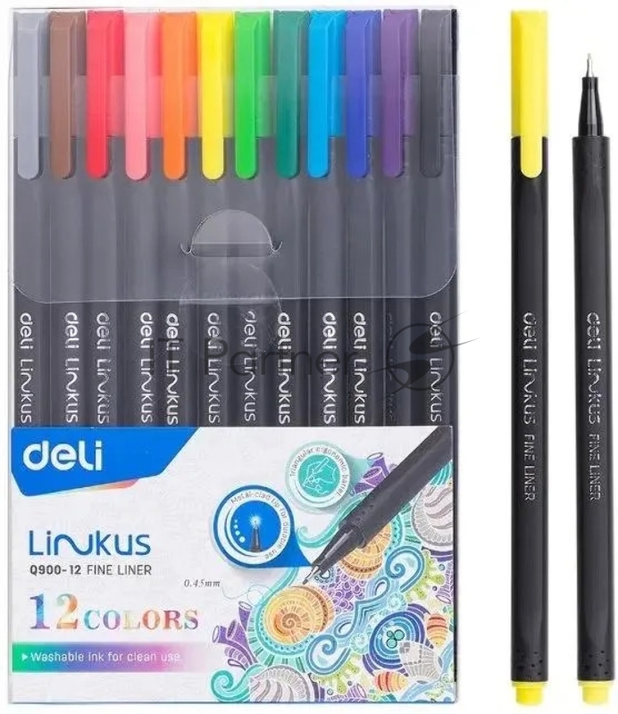 Набор ручек капиллярных Deli Linkus (EQ900-12), d=0.45мм, ассорти чернила, игловидный пишущий наконечник, линия 0.45мм, 12 цветов