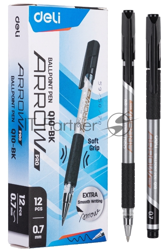 Набор ручек шариковых Deli Arrow EQ10-BK-P синий металлик/черный, черные чернила, коробка картонная (12шт) сменный стержень, линия 0.7мм, резиновая манжета