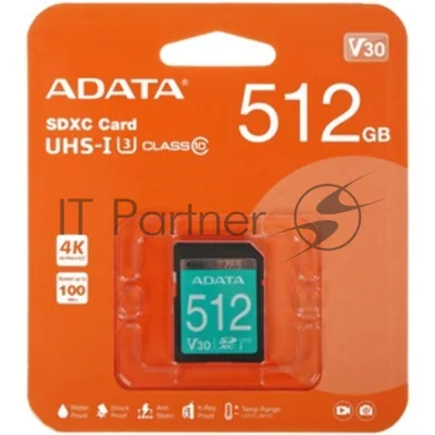 Флеш карта SD 512Gb ADATA SDXC Class 10 UHS-I U3 V30S 100/85 MB/s (ASDX512GUI3V30S-R)