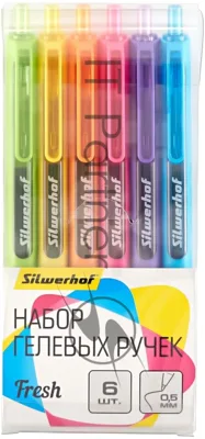 Набор ручек гелевых автоматических Silwerhof NG Fresh, d=0.5мм, синие чернила, блистер с европодвесом (6шт) сменный стержень