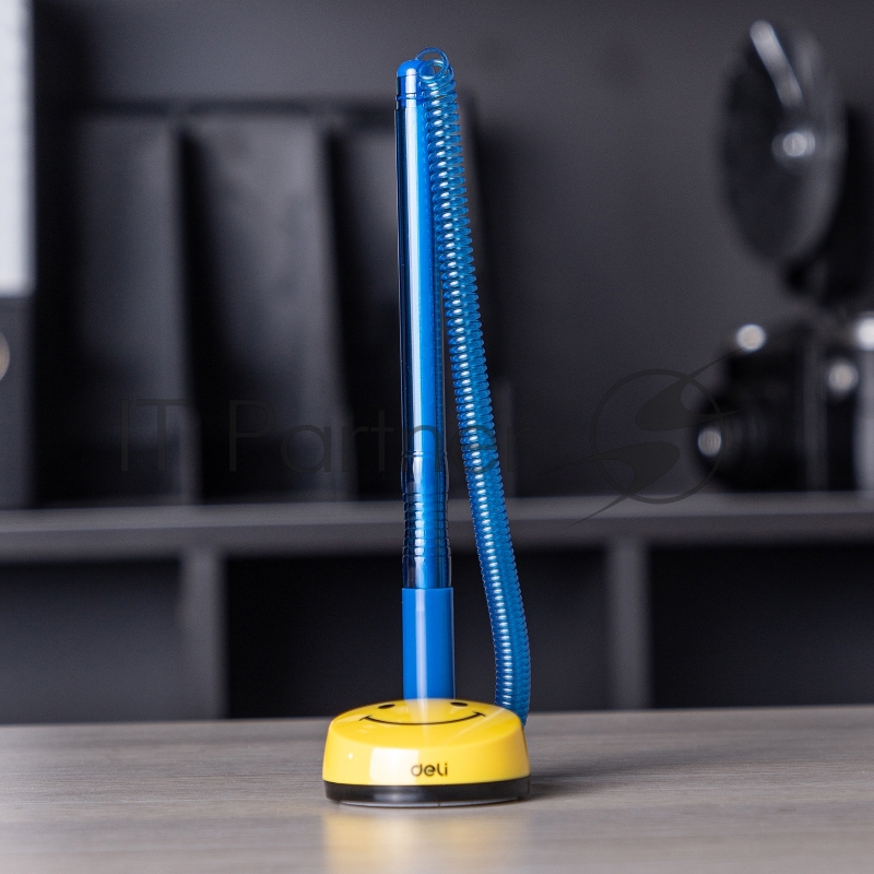 Ручка шариковая автоматическая Deli EQ50-BL синий/прозрачный, d=0.7мм, синие чернила, на подставке, резиновая манжета