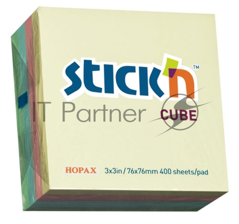 Блок самоклеящийся бумажный Stick`n 21013 76x76 мм, 400 листов, 70 г/м2, пастель, 4 цвета в упаковке