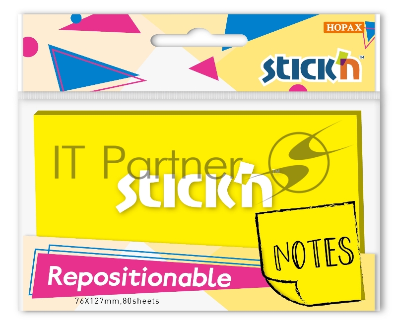 Блок самоклеящийся бумажный Stick`n 27078 76x126 мм, 80 листов, 70 г/м2, желтый неон, 1 в упаковке