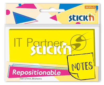 Блок самоклеящийся бумажный Stick`n 27078 76x126 мм, 80 листов, 70 г/м2, желтый неон, 1 в упаковке