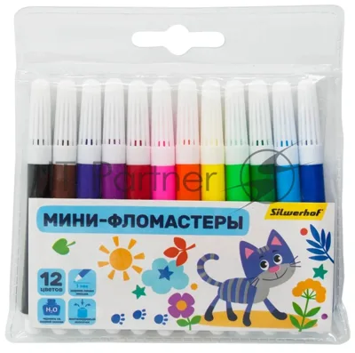 Фломастеры Silwerhof Веселые друзья 8мм 88мм, круглый корпус, вентилируемый колпачок, 12 цветов, пакет с европодвесом