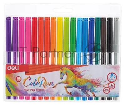 Фломастеры Deli EC10013 ColoRun, вентилируемый колпачок, 18 цветов, пакет с европодвесом