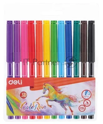Фломастеры Deli EC10003 ColoRun, вентилируемый колпачок, 12 цветов, пакет с европодвесом