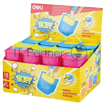 Точилка для карандашей ручная Deli ER00300 PoP, 2 отверстия, пластик, ассорти, дисплей