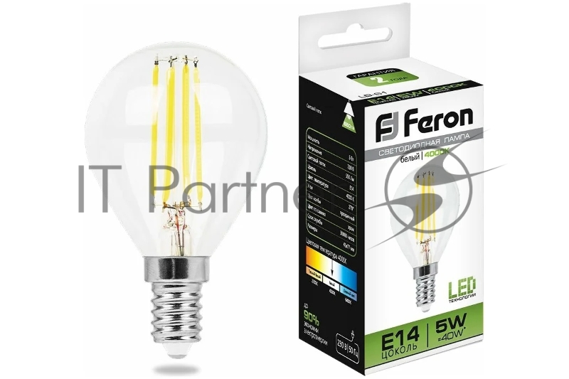 Лампа светодиодная Feron LB-61 (25579) 5 вт Е14 белый шар FILAMENT