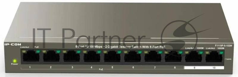 Коммутатор IP-COM F1110P-8-102W, 8×100 Мбит/с PoE + 2×1 Гбит/с, неуправляемый