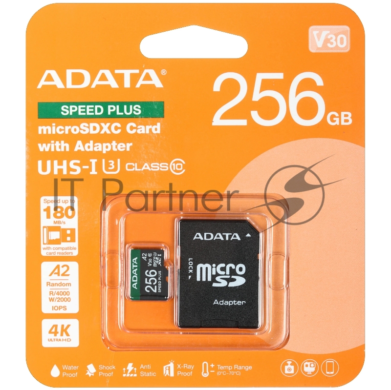 Флеш карта microSD ADATA 256Gb microSDXC Class 10 UHS-I U3 V30 A2 180/160 MB/s (SD адаптер)