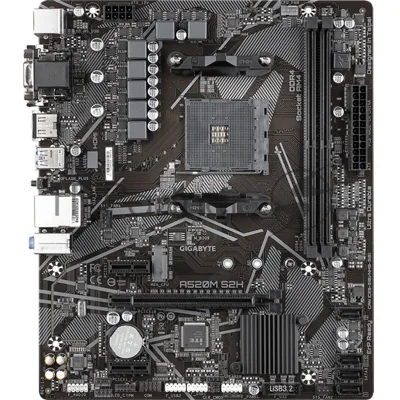 Материнская плата Gigabyte A520M S2H, AM4, AMD A520, 2xDDR4, 4xSATA, 1xM.2, 1xPCIe 3.0 x16, 2xPCIe x1, 1xHDMI, 1xDVI-D, 1xVGA, 1x 1Gb LAN, 4xUSB-A 3.2 Gen 1, 2xUSB-A 2.0, 3x3.5 мм, 7.1, mATX