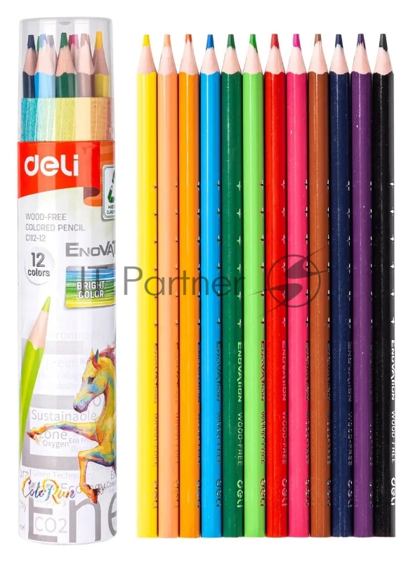 Карандаши цветные Deli EC112-12 Enovation, трехгранный профиль, пластик 12 цветов, картонный тубус (12шт)