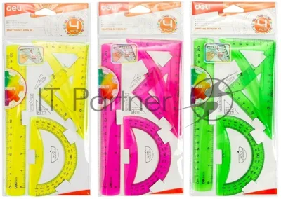 Набор линеек Deli EG00402 Pioneer, пластик, длина 20см, ассорти, флуорисцентный, в комплекте: линейка 20см / треугольник 2шт / транспортир, пластиковый пакет с европодвесом